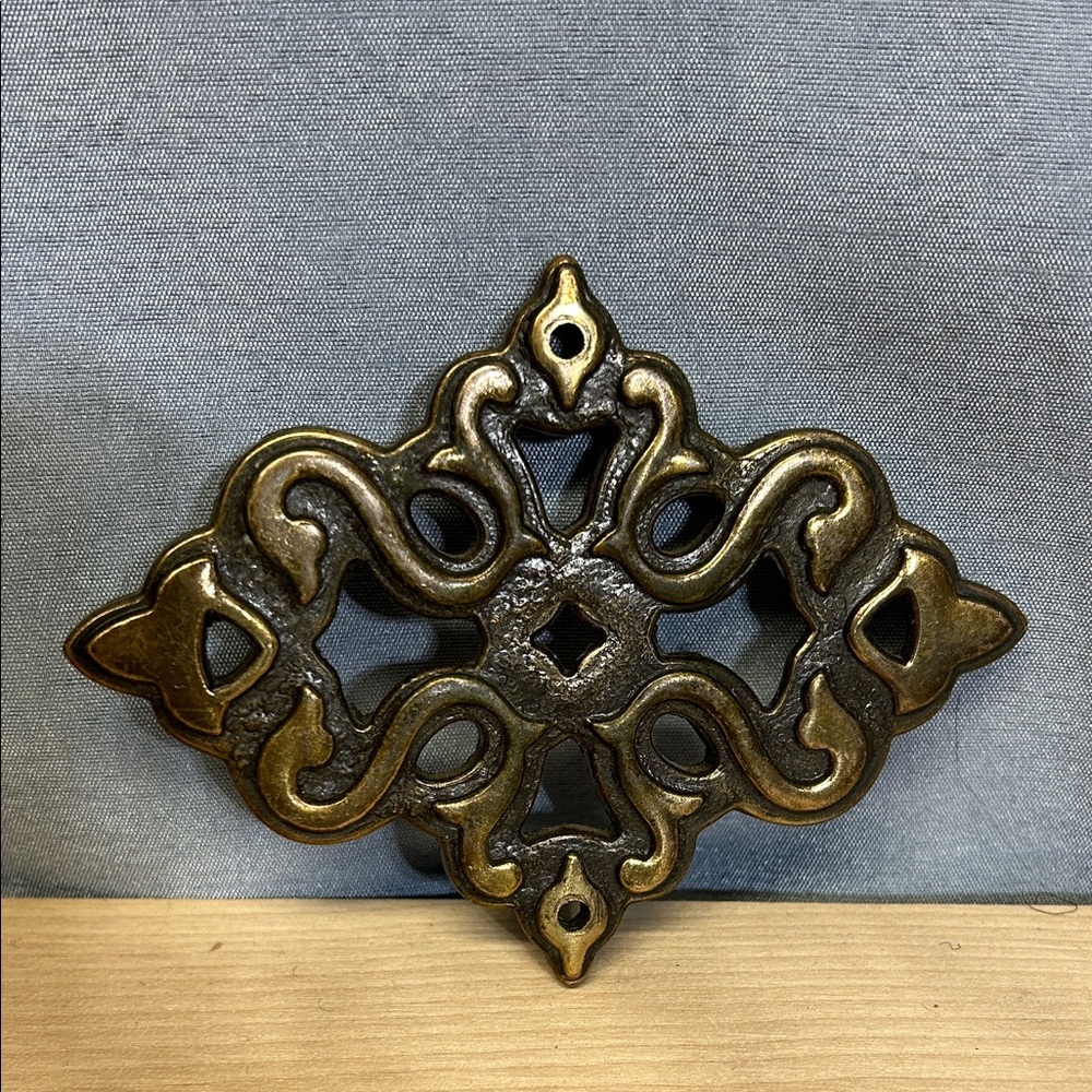 Vintage Brass Drawer Pull Backplate Gothic design 891 Ajax 4 3/8” X 3 1/4”